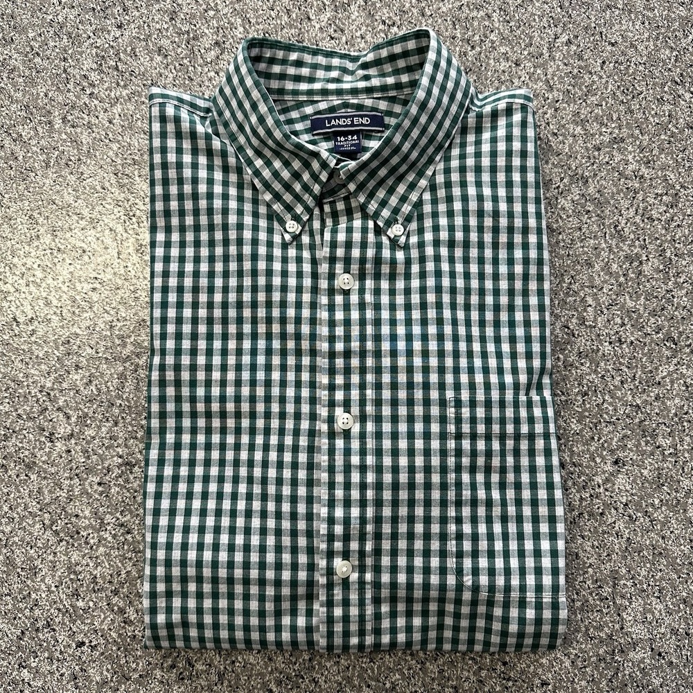 Lands End Shirt Mens 16 34 Long Sleeve Button Down Green Traditional Fit Gingham